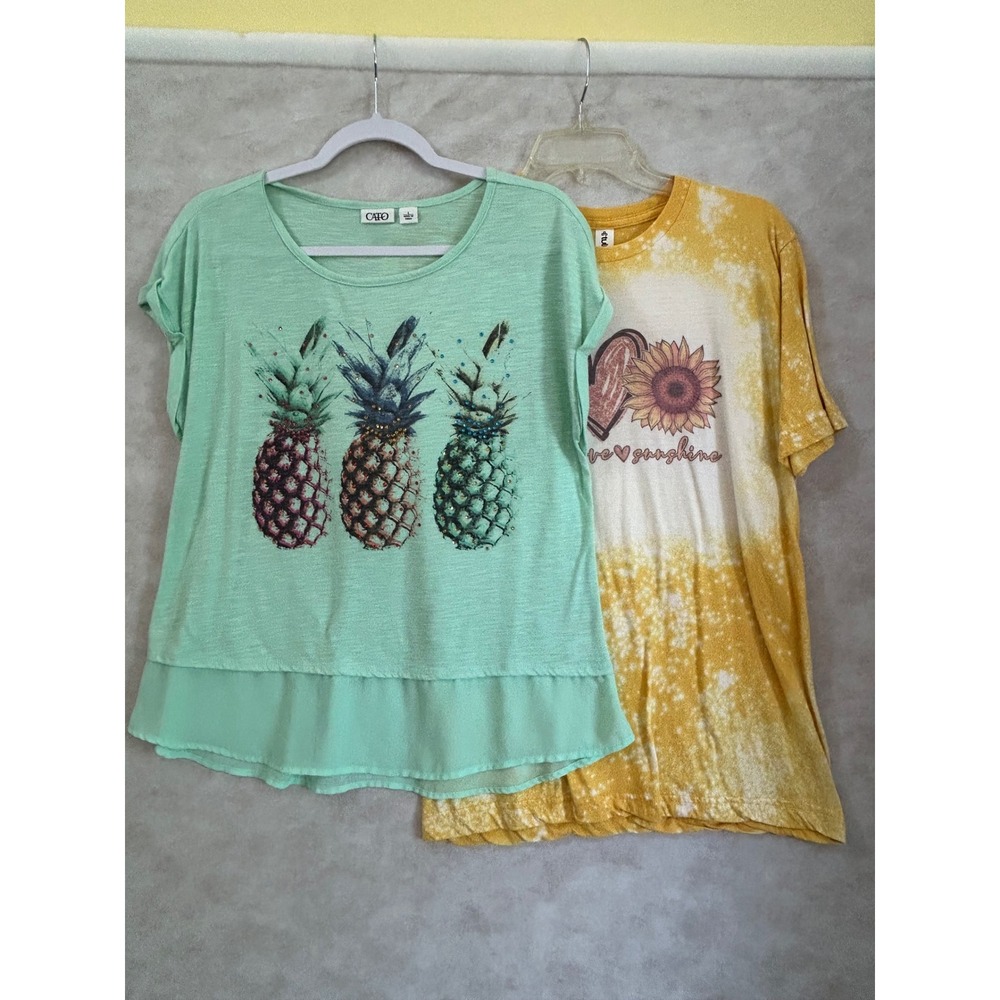 Cato Mint Green Pineapple Graphic Rhinestone Double Layer Hem Top Womens Large
